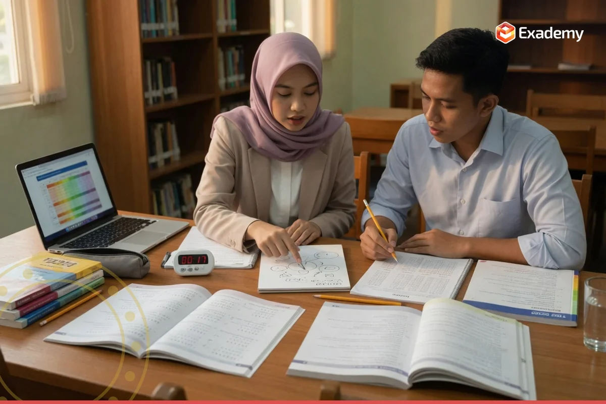 Foto tutor membimbing satu calon mahasiswa pascasarjana berlatih soal TPA dan bahasa Inggris akademik untuk Tes Masuk Pascasarjana S2 S3 di Exademy