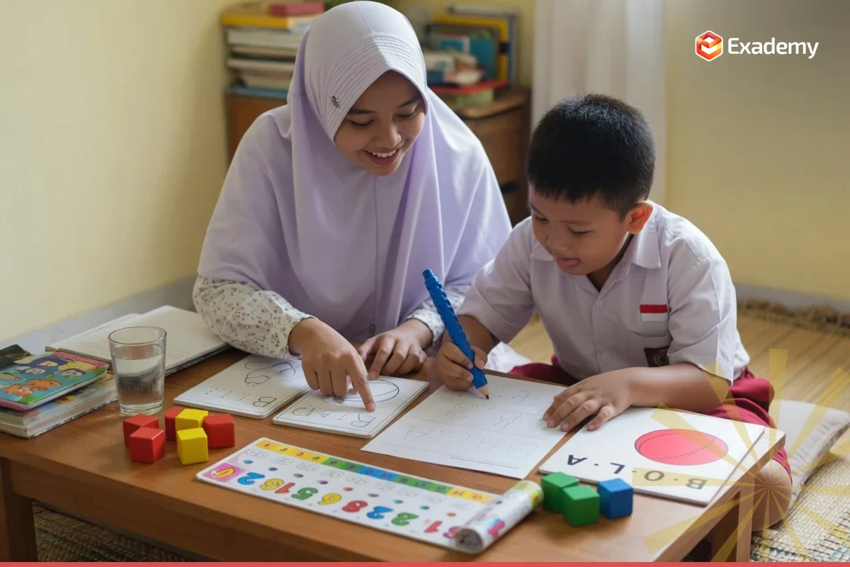 Foto tutor mendampingi anak usia lima tahun belajar mengenal huruf, menulis nama, dan berhitung dengan balok angka untuk persiapan Tes Masuk SD calistung di Exademy.