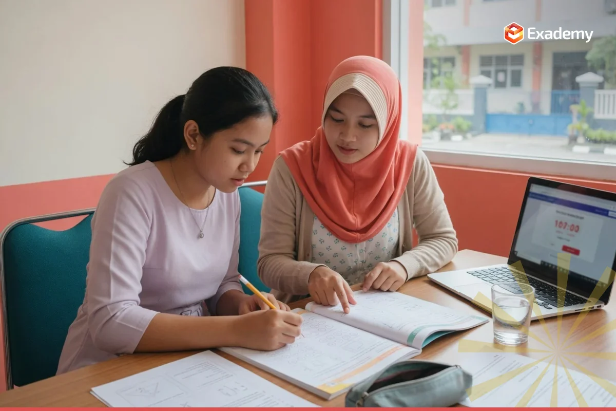 Tutor Exademy mendampingi satu siswa lulusan SMP usia 15 tahun belajar persiapan Tes Masuk SMA favorit, mengerjakan soal numerasi, literasi, dan matematika SMP untuk seleksi SPMB jalur prestasi.