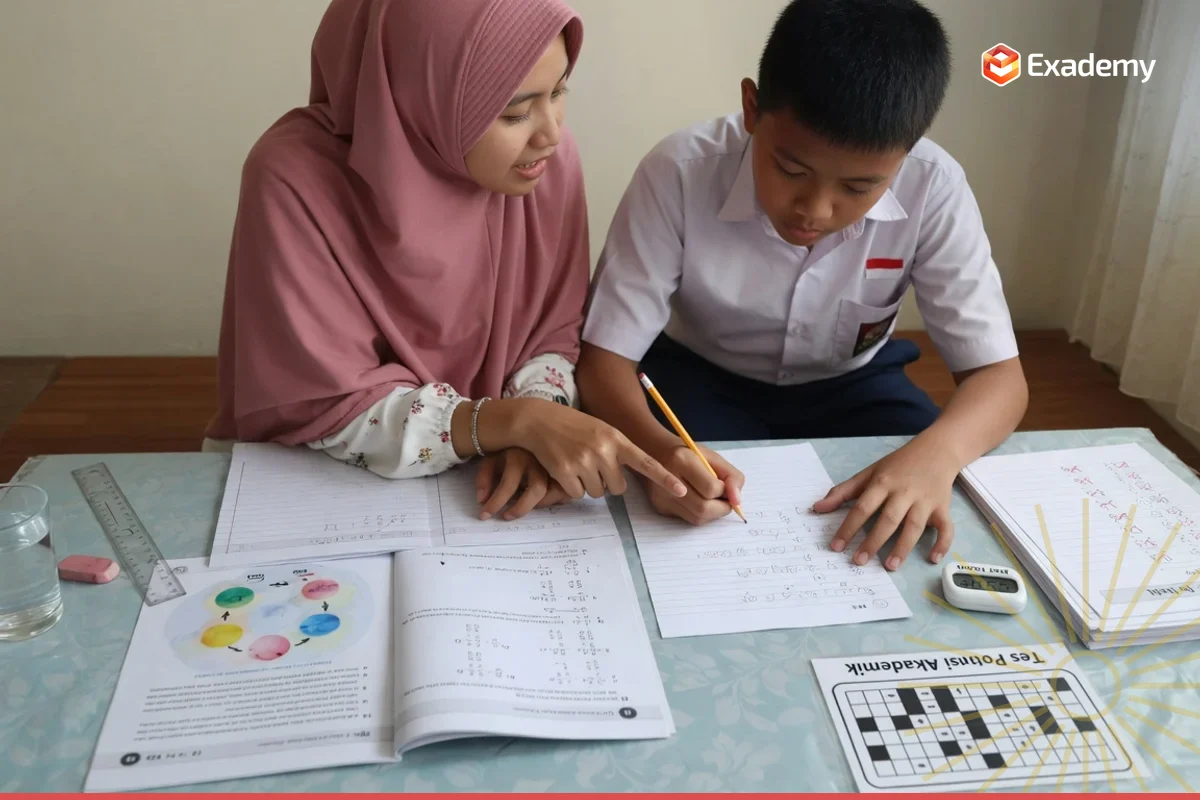 Tutor membimbing satu anak lulusan SD mengerjakan soal latihan Matematika dan IPA persiapan Tes Masuk SMP favorit di Exademy