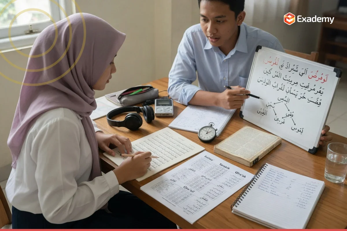 Tutor membimbing satu mahasiswa belajar persiapan ujian TOAFL bahasa Arab dengan lembar soal Istima Tarakib Qiraah di Exademy