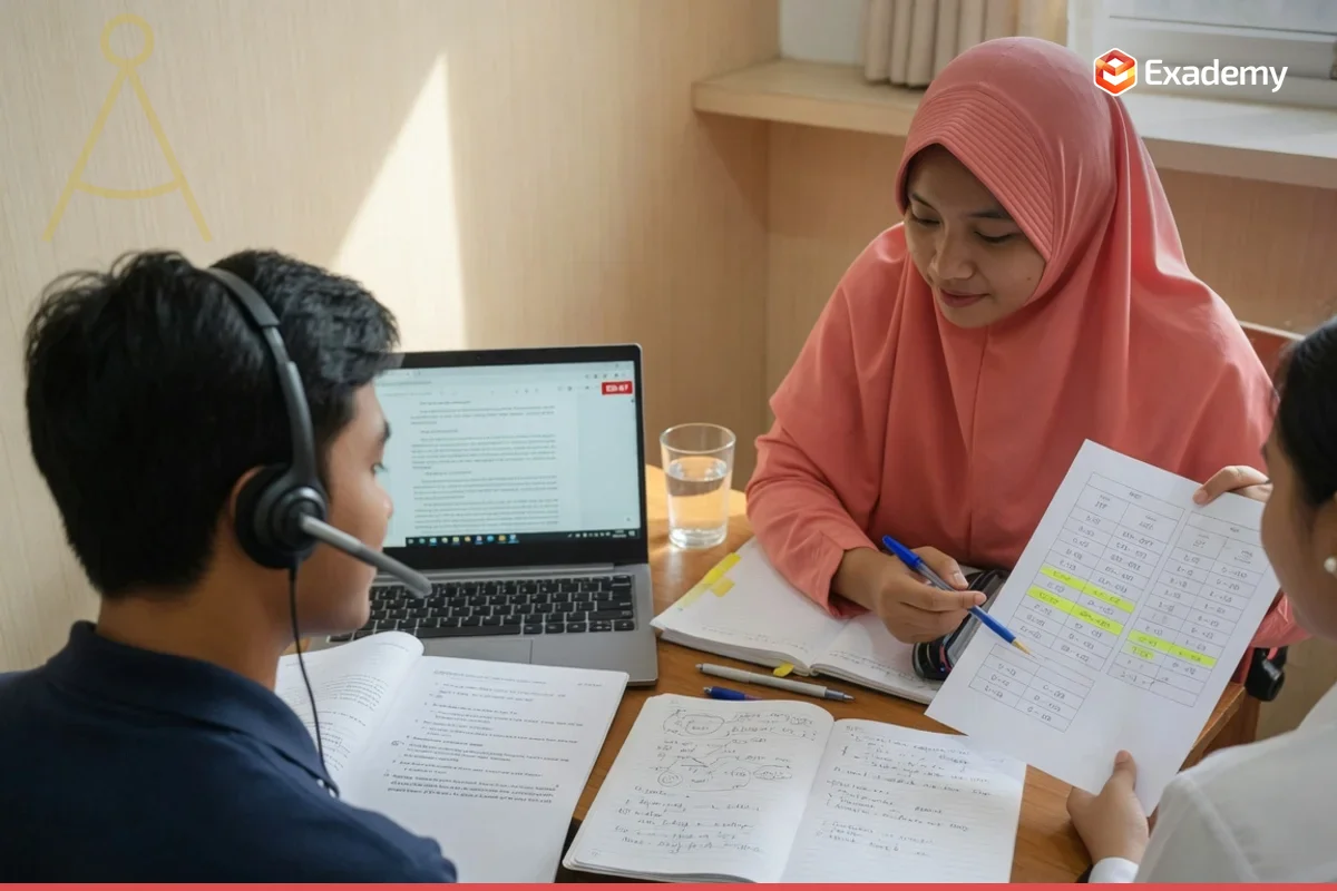 Tutor Exademy membimbing satu mahasiswa memakai headset bermikrofon dan laptop untuk persiapan ujian TOEFL ITP dan iBT, dengan lembar konversi skor band dan catatan integrated task di meja belajar