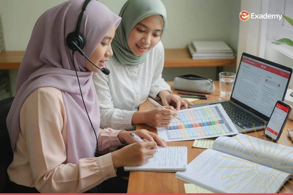 Foto mahasiswa memakai headset berlatih sesi speaking TOEFL iBT di laptop didampingi tutor yang menunjukkan tabel skor TOEFL dan TOEIC pada persiapan ujian TOEFL dan TOEIC di Exademy
