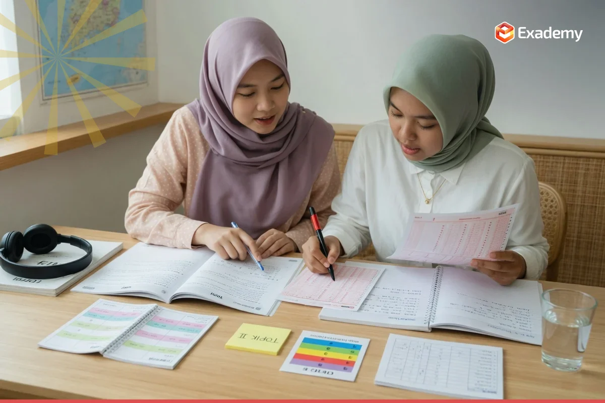 Tutor Exademy membimbing seorang mahasiswa mengisi lembar jawaban OMR dan membaca soal Hangul saat persiapan ujian TOPIK (Test of Proficiency in Korean) untuk studi dan kerja di Korea.