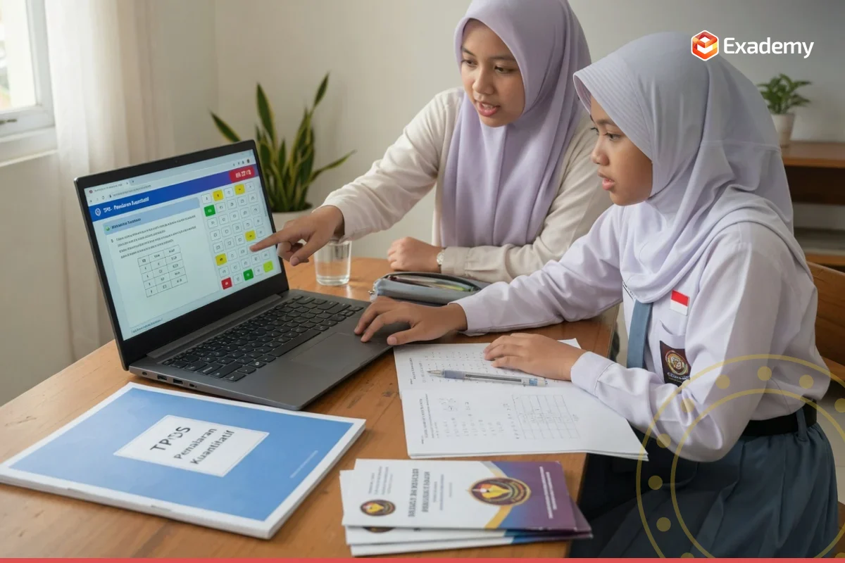 Tutor mendampingi siswa SMA berlatih simulasi CBT persiapan Ujian Mandiri PTN di laptop bersama Exademy