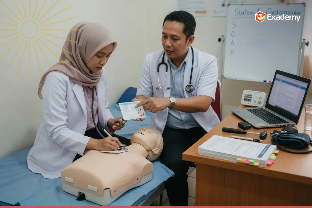 Tutor dokter senior membimbing satu fresh graduate kedokteran berlatih stasiun OSCE dengan manikin dan stetoskop untuk persiapan ujian UKMPPD di Exademy.