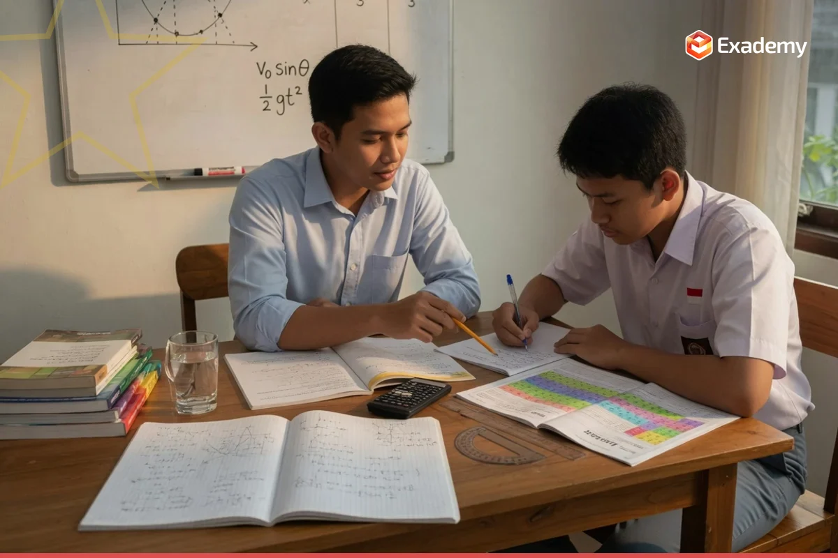 Tutor mendampingi siswa SMA mengerjakan soal matematika dan fisika persiapan Ujian Mandiri Undip ITB ITS di Exademy