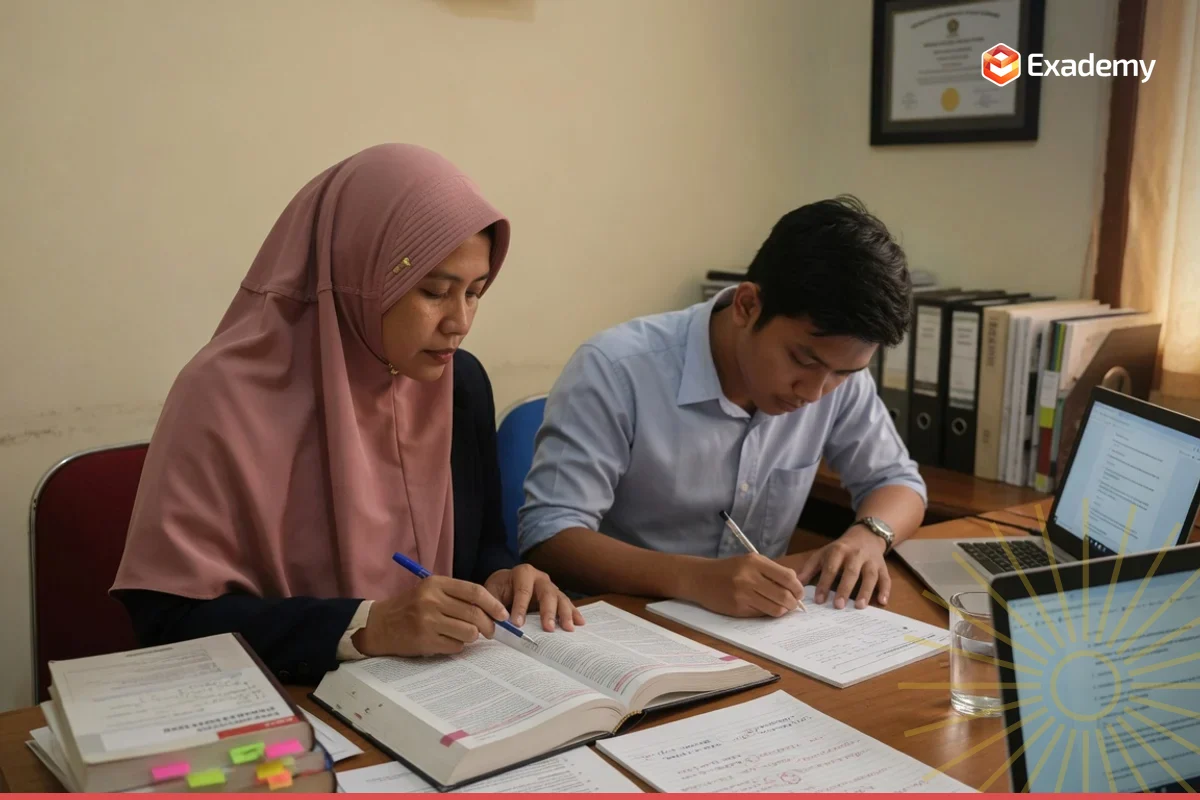 Tutor advokat senior membimbing satu lulusan hukum belajar persiapan Ujian Profesi Advokat (UPA) PERADI dengan kitab undang-undang dan draf surat gugatan di Exademy
