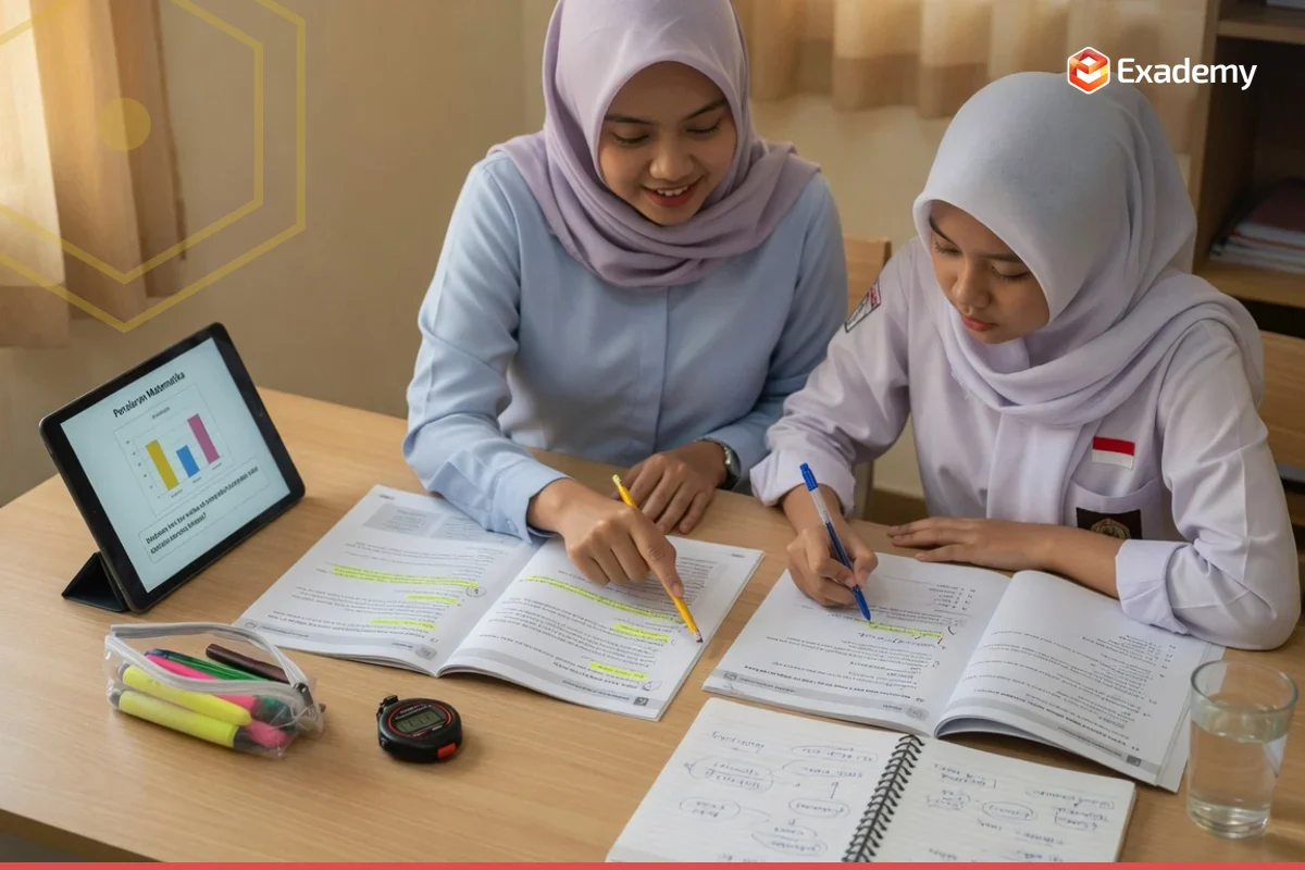 Tutor mendampingi siswa SMA berlatih soal literasi membaca dan penalaran matematika persiapan ujian UTBK SNBT Literasi di Exademy