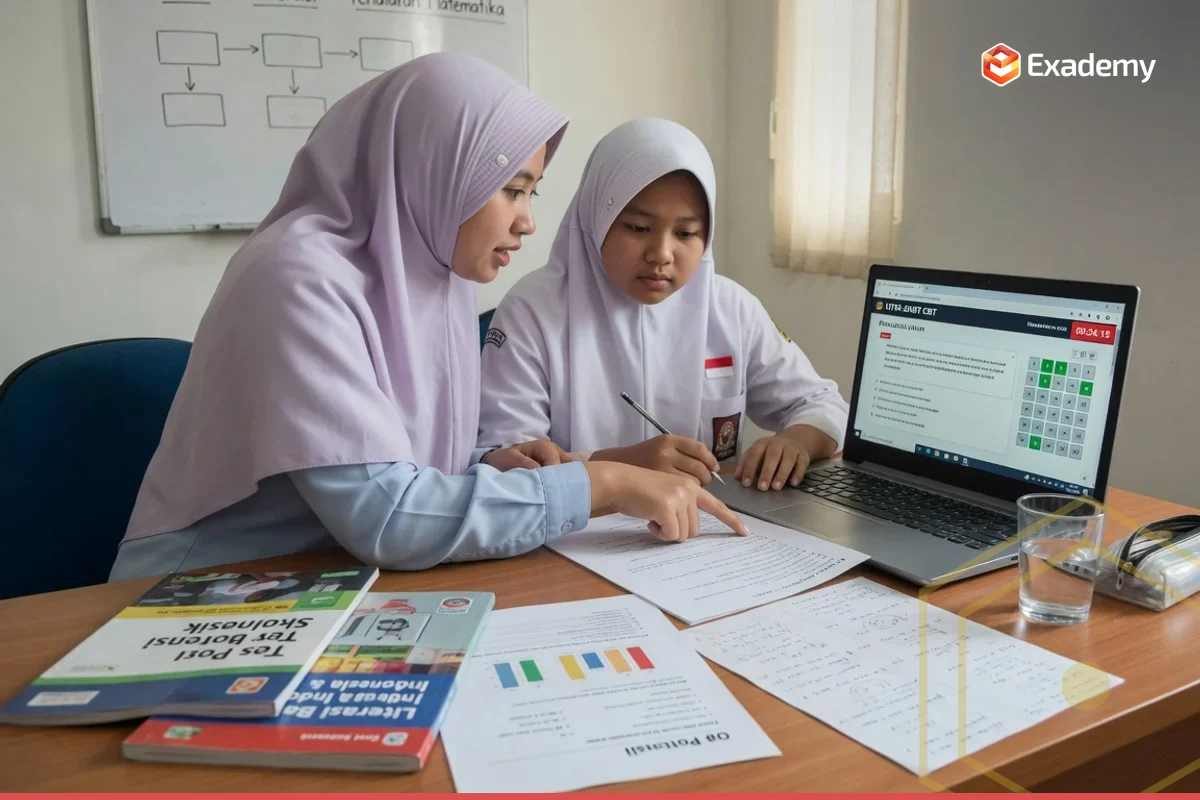 Foto tutor mendampingi satu siswa SMA berlatih soal Penalaran Umum di layar CBT lengkap dengan timer dan modul Literasi serta Penalaran Matematika, persiapan ujian UTBK SNBT di Exademy